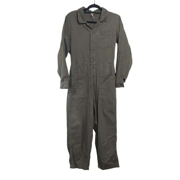 Free People Gia Coverall Jumpsuit Army Green Revolve SZ M Fitted Ankle Cotton - Picture 1 of 11